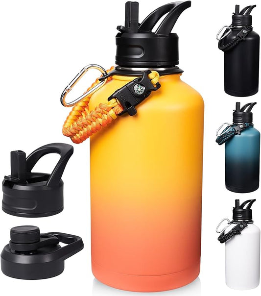 Half Gallon Water Bottle with Straw&Spout Lid, 64oz Stainless Steel Insulated Water Jug with Handle and Wide Mouth, Half Gallon Vacuum Double Walled Jug for Sports, Outdoors, Yellow&Orange 64oz