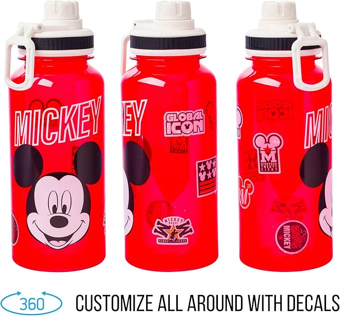 Silver Buffalo Disney Mickey Classic Varsity Twist Spout Plastic Water Bottle with Stickers You Stick Yourself, Red, 32 Ounces