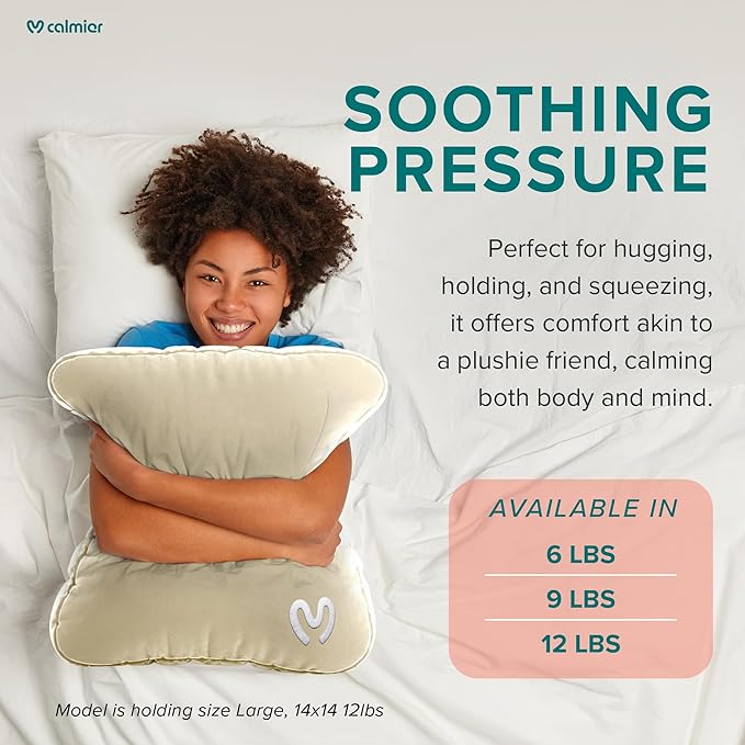 Calmier - 9 lb Sensory Weighted Pillow - Glass Bead Filled Hug Pillow - Ultra Plush Cozy Weighted Pillows for Adults and Kids - Child Sensory Pillow - Weighted Lap Pad (Tan - Minky, 9 LBS)