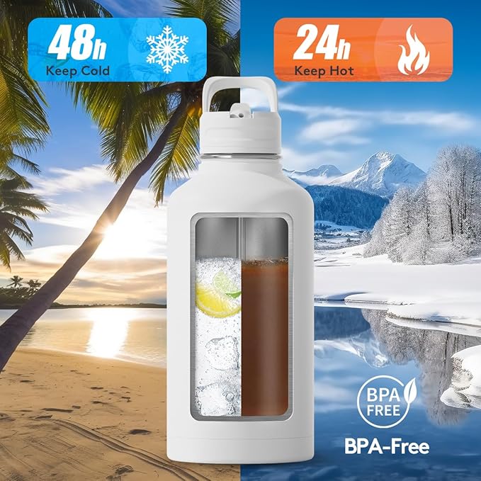 64 oz Insulated Water Bottle with Straw and Handle, Double Walled Vaccum Stainless Steel Half Gallon Water Bottle for Women, 3 Lids, Metal Canteen, Protective Sleeve, Gym & Outdoors Water Jug