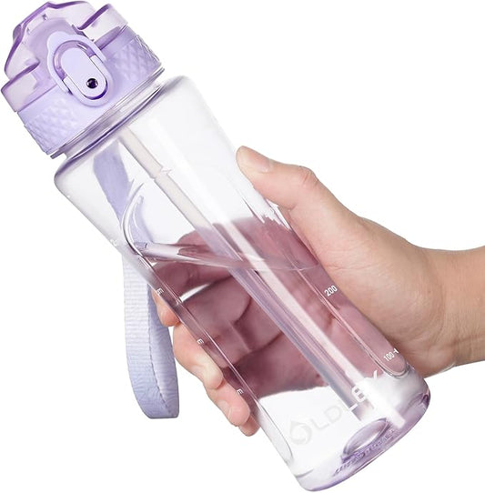 OLDLEY Kids Water Bottle with Straw 15 oz BPA-Free Leak-Proof Motivational Water Bottles with Time Marker for School Sports Travel Gym, Easy to Use for Girls Goys, 1 Straw Lid, Transparent-purple