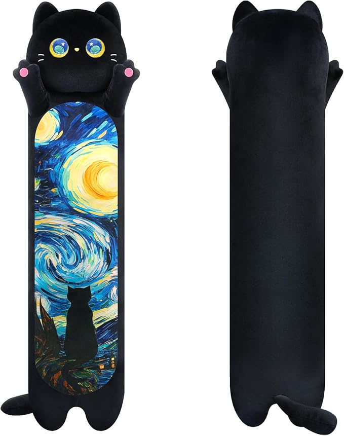 Long Cat Plush Kawaii Kids Plush Toy Pillows, Cute Black Cat Stuffed Animals Soft Plushies, Kitten Big Plush Toys Throw Body Pillow Doll Gift for Girls Boys (Black Starry Cat 20 Inch)