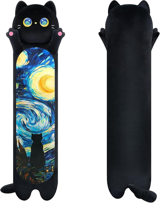 Long Cat Plush Kawaii Kids Plush Toy Pillows, Cute Black Cat Stuffed Animals Soft Plushies, Kitten Big Plush Toys Throw Body Pillow Doll Gift for Girls Boys (Black Starry Cat 20 Inch)