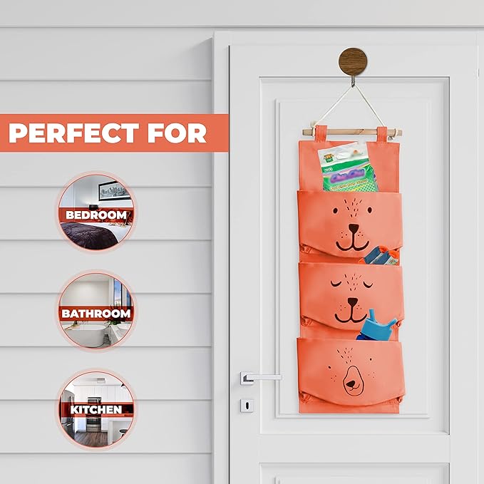 Large Wall Hanging Organizer with 3 Storage Pockets-Space saver for Playroom, Bedroom, Baby Nursery, Bedside, Closet. Cute animal print cubby caddy. Waterproof, Travel Friendly