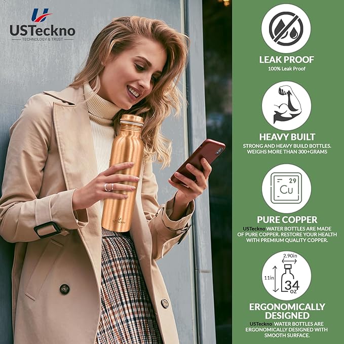 Copper Water Bottle - 34 Oz Extra Large Handcrafted Ayurvedic Copper Bottle for Travel,Yoga,Gym Lower Your Sugar Intake And Enjoy Health Benefits Immediately. Lab Tested (Smooth Finish)