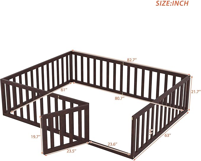 Queen Size Floor Bedframe with Door and Safety Guardrails Fence, Solid Wooden Toddler Montessori Platform Bed for Children Bedroom, Boys Girls, Kids Playroom
