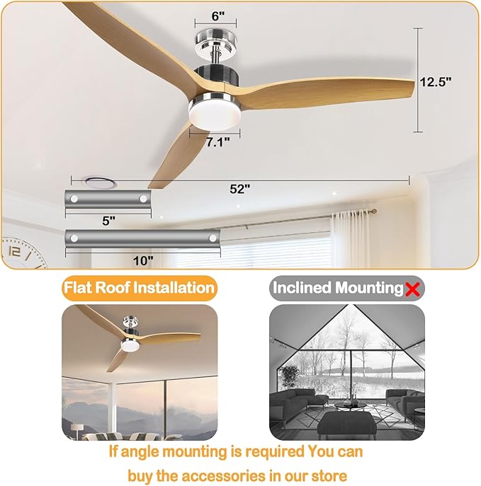 Ceiling Fan with Lights， 52" ，with Remote Control，2 Poles，LED Dimmable，Reversible DC Motors, Timer Noiseless，Bedroom Living Room Indoor&Outdoor，Very Energy Conservation