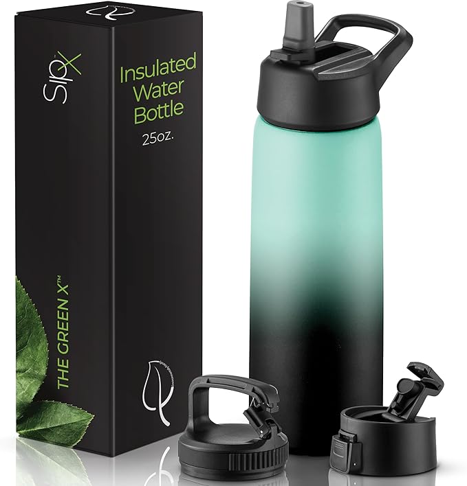 SipX™ Triple-Insulated Stainless Steel Water Bottle 25oz. With 3 Lids, BPA-Free Reusable Insulated Water Bottle Keeps Cold 24 Hours, Metal Water Bottle Made Of Sustainable Material For Hiking & Biking