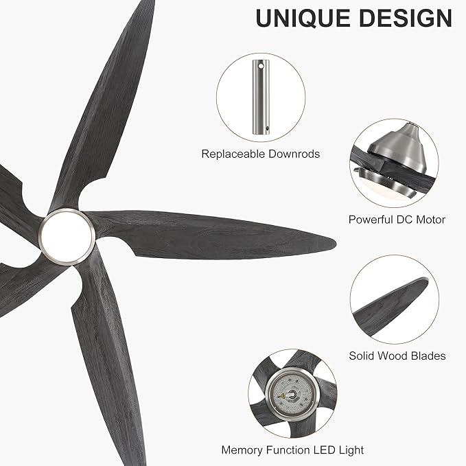 Modern Ceiling Fan with Lights and Remote, 5 Solid Wood Reversible Blades, 6-Speed Noiseless DC Motor with Replaceable Downrods for Bedroom Living Room Dining Room (Nickel and Gray, 64")