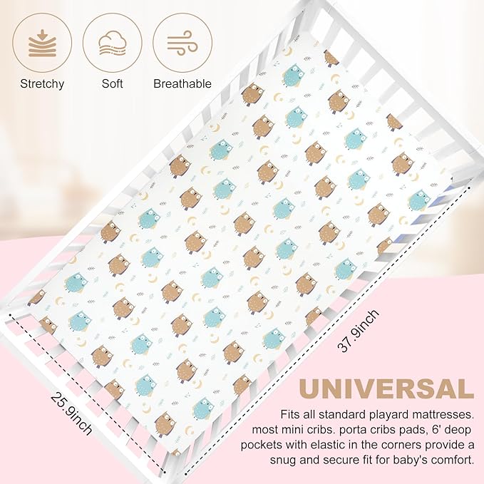 Pack n Play Sheet Fitted Sheet. 2 Piece Mini Crib Sheet Elastic Playard Sheet Set Portable Sheet Set Elastic Convertible Playard Pad. Compatible with Graco Pack n Play. (Owl and Tree Bag)