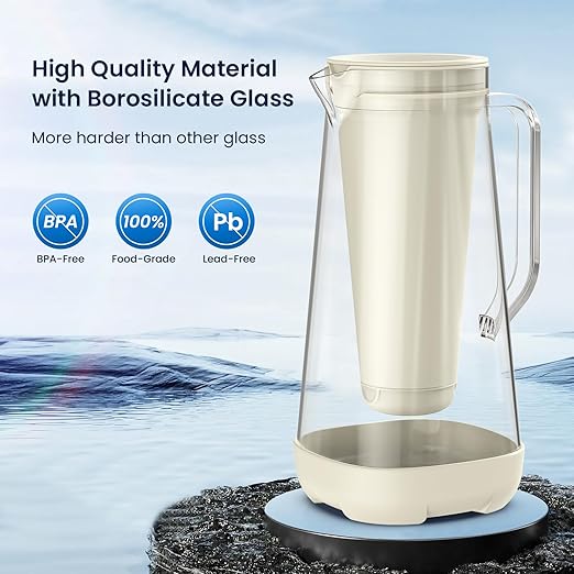 GLACIER FRESH Glass Water Pitcher for Tap and Drinking Water with Membrane and Activated Filter, Reduces Chlorine and Lead Taste, Food Grade and BPA Free Materials, 7-Cup, White