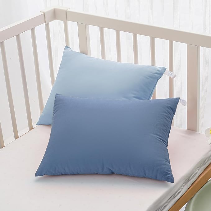 MEILA 2 Pack Cotton Toddler Pillows, 13x18 Pillows for Sleeping and Traveling, Machine Washable Kids Pillows Ideal for Crib, Bed, Cot and Nap, Sky Blue & Denim Blue