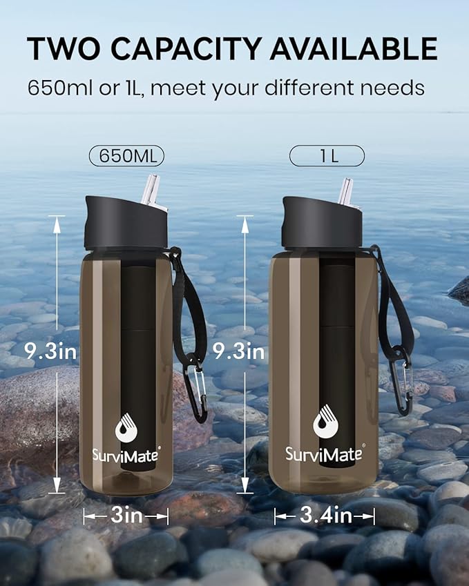 SurviMate 0.01μm Ultra-Filtration Filtered Water Bottle, Portable Water Filter Bottle with 4-Stage Filtration for Survival, Camping, Hiking, Backpacking, Drinking, Emergency