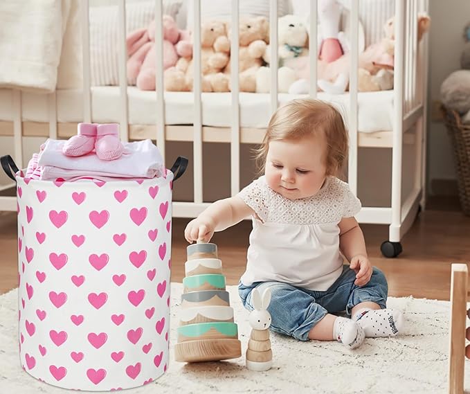 Pink Heart Kids Laundry Basket Baby Hamper Pink Heart Toy Storage Bin for Boys Room Decor Baby Nursery Hamper Gift Baskets for Bedroom Bathroom(Pink Heart)