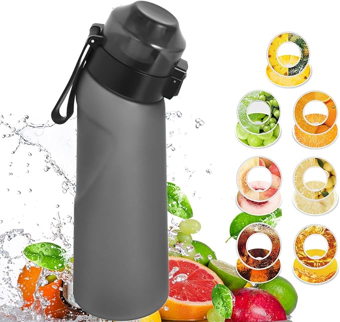 Water Bottle with Flavor Pods 21.9 Oz/650ml Fruit Fragrance Water Bottle Recyclable Sports Air Water Cup Scented Pods for Outdoor (Black 650ML)