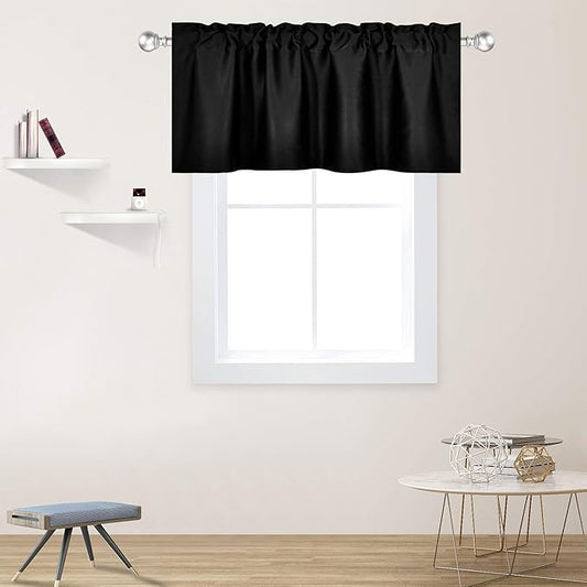 Black Valance for Windows 42x18 Inch Solid Thermal Insulated Blackout Rod Pocket Kitchen Short Curtain Toppers Valance for Bathroom Living Room 1 Panel