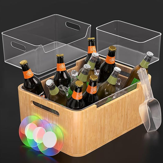 Ice Bucket Kit, 12L Capacity, Double-Layer Insulated, Keeps Ice Cold for Long Time, Includes 5L, 3.5L PET Ice Buckets, Ice Scoop, and 3 awesome colorful lights, Perfect for Parties