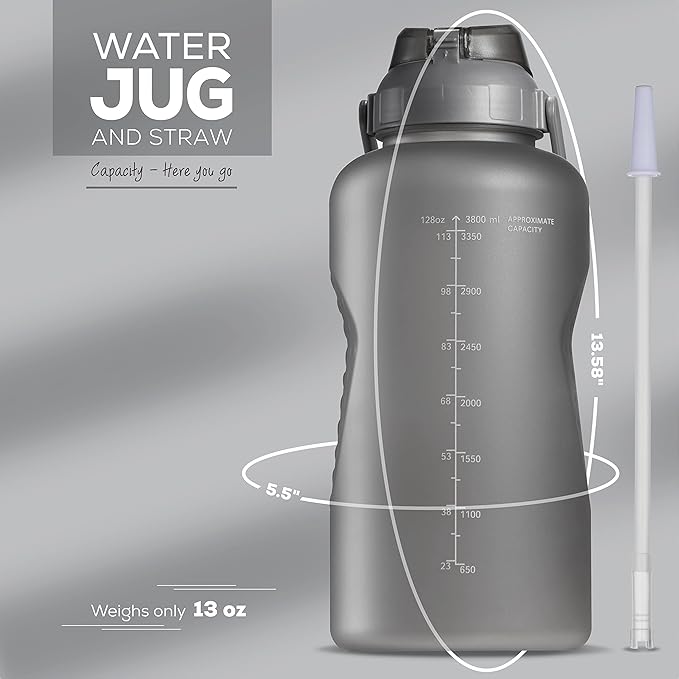 Motivational Water Bottle with Straw & Handle,One Gallon Water Bottle 128 oz/3.8L,Reusable Water Jug, Achieve All-Day Hydration SpillProof, BPA FREE