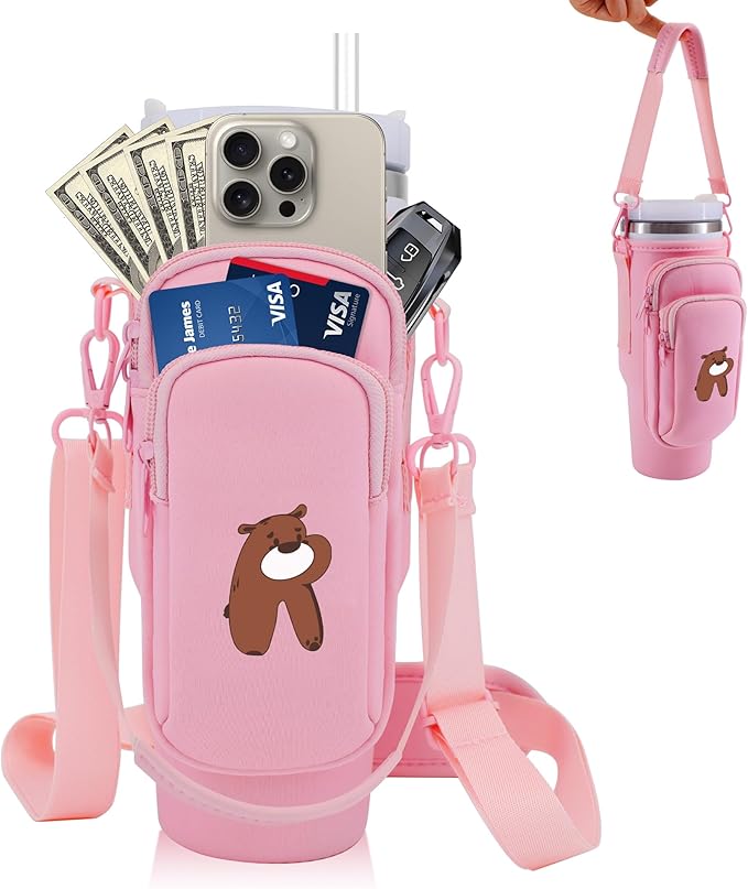 Water Bottle Carrier Bag with Phone Pocket for Stanley 40 oz Tumbler Neoprene Water Bottle Holder Pouch with Adjustable Strap Bollus with Straw Cover & Carabiner for Stanley Cup Accessories