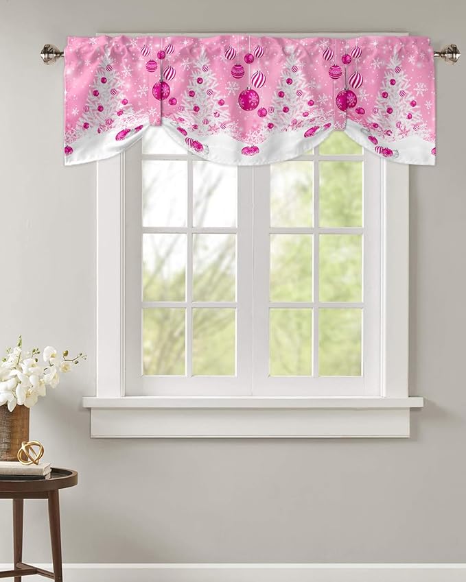 Pink Christmas Blackout Tie Up Valance Curtains for Kitchen Windows White Xmas Tree Snowflakes Pink Balls Window Toppers Balloon Shades for Living Room/Bathroom/Bedroom,1 Panel, 54" X 18", Winter