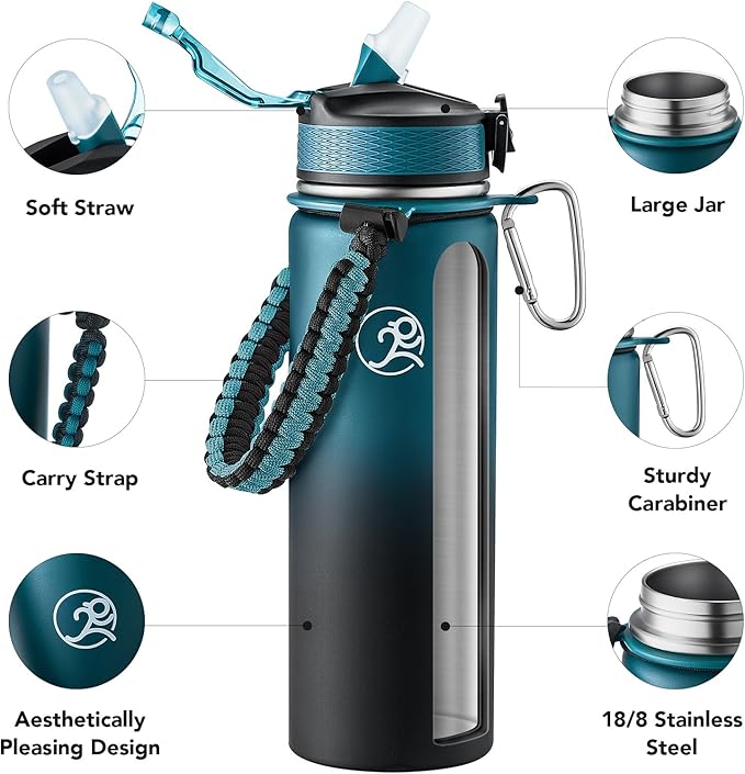 GOSWAG Insulated Sports Water Bottle, 24oz 2 Lids(with Straw/No Straw), Stainless Steel Water Bottles with Paracord Handle, Insulated Thermos with Double-Wall Vacuum Insulation