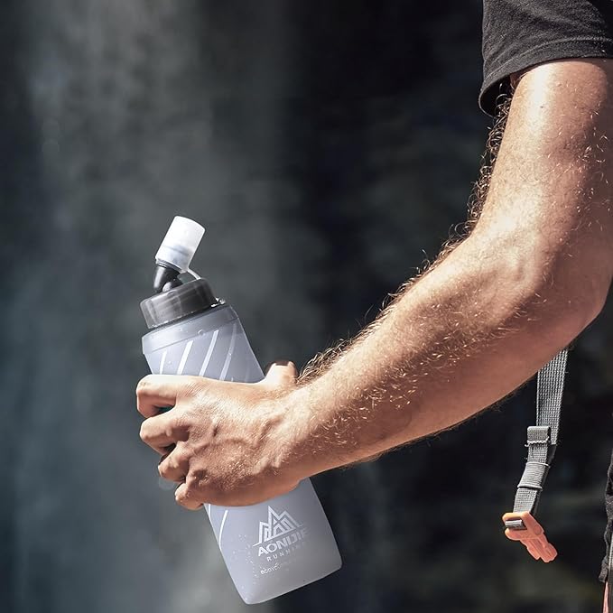 TRIWONDER Water Bottles TPU Soft Flasks Collapsible Running Flasks for Hydration Pack Backpack Hiking Cycling (Gray - 500ml - Pack of 2)