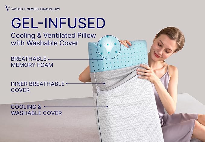 Vaverto Gel Memory Foam Pillow 2 Pack - King Size - Ventilated, Bed Pillows with Viscose Made from Bamboo Pillow Cover,Cooling, Bed Pillows