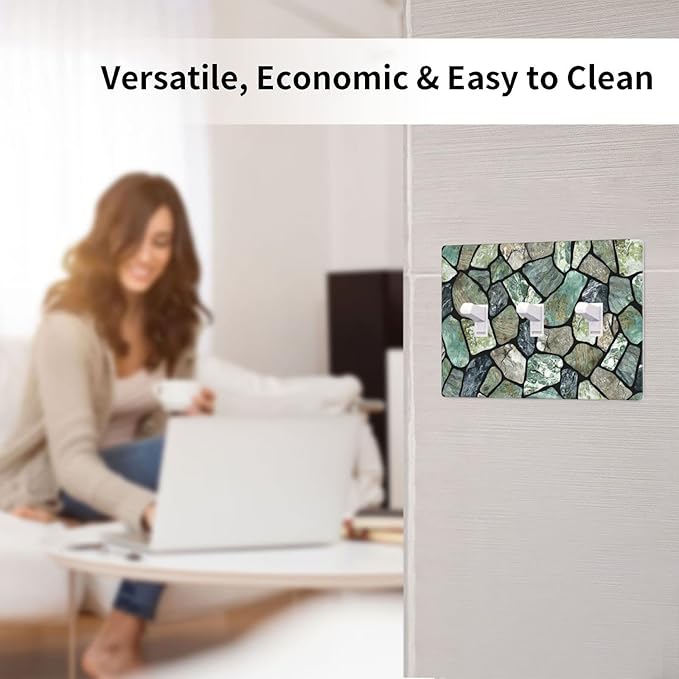 Green Stone Texture Triple Toggle Light Switch Wall Plate Cover Decorative 3-Gang for Room Bathroom Bedroom Home Kitchen Three Lightswitch Polycarbonate 4.5" x 6.38"