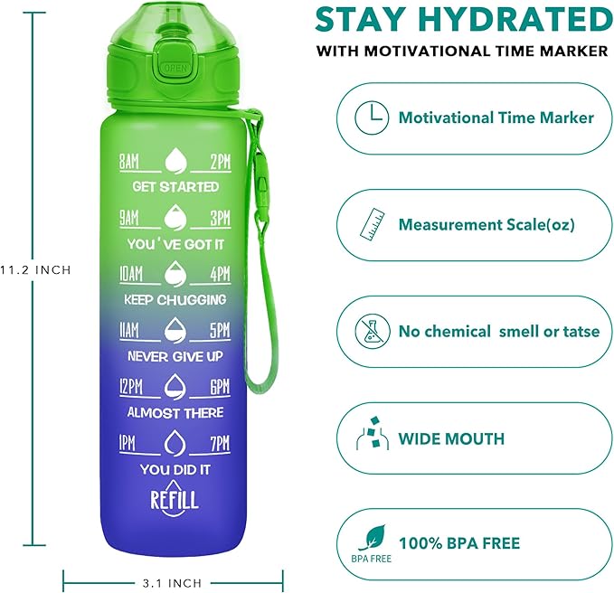 Enerbone 32 oz Drinking Water Bottle with Times to Drink and Straw, Motivational with Carrying Strap, Leakproof BPA & Toxic Free, Ensure You Drink Enough Water for Fitness Gym Outdoor