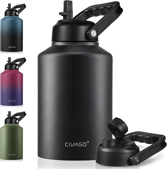 CIVAGO Gallon Insulated Water Bottle Jug with Straw, 128 oz Large Stainless Steel Sports Metal Water Canteen with Handle, Big Thermal Water Cup Mug with 2 Lids for Camping & Fishing, Black