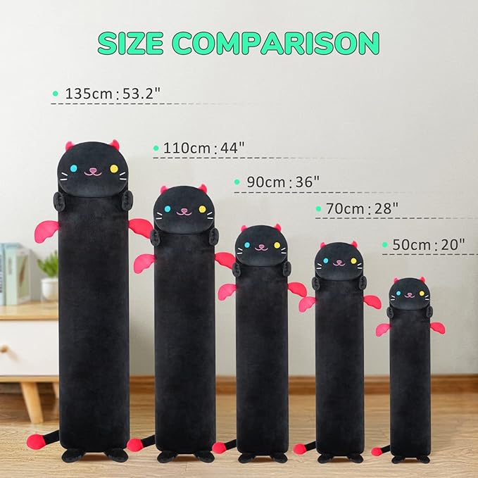 Long Cat Plush Body Pillow, 44” Luminous Light Up Black Cat Stuffed Animals Kawaii Night Light Plushies Pillow Glow in The Dark Gift for Girls Boys