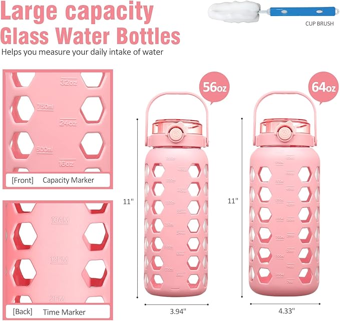 MUKOKO 56oz Glass Water Bottles with Straw and Lid,Motivational Water Jug with Time Marker Reminder and Silicone Sleeve,100% Leakproof BPA Free Fitness Sports Large Bottle-Pink