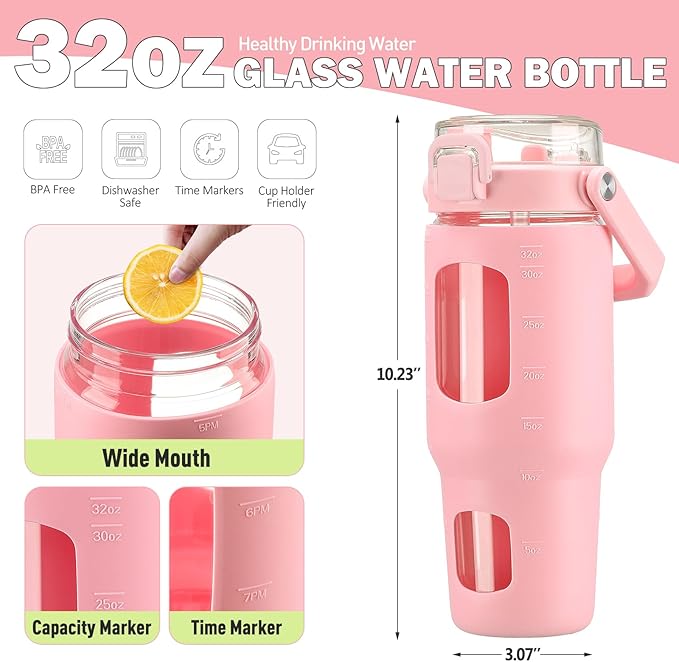 BLUEGO 32oz Glass Water Bottle with Handle and Straw|Leakproof Sports Glass Bottle with Time Marker and Silicone Sleeve|Glass Drinking Bottle for Travel, Gym, Workout, Pink