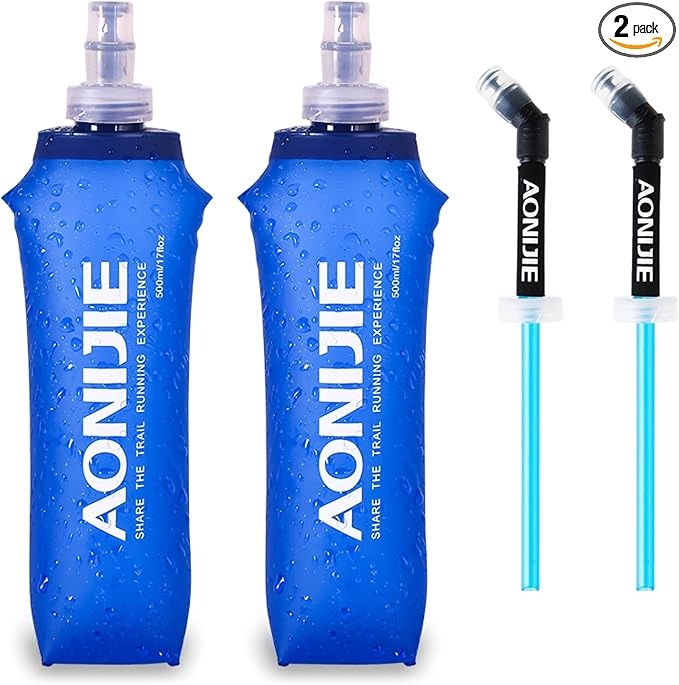TRIWONDER Collapsible Water Bottles TPU Soft Flask Running Bottles BPA-Free Sports Flasks for Hiking Climbing Camping (500ml/16.91oz with Straws - Pack of 2)