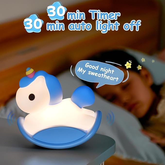 Unicorn Night Lights for Kids Bedroom, LED Squishy Unicorn Lamp with Wobbling Amusement, Silicone Dimmable Nursery Nightlight, Rechargeable Bedside Touch Lamp with 30min Timer, Blue