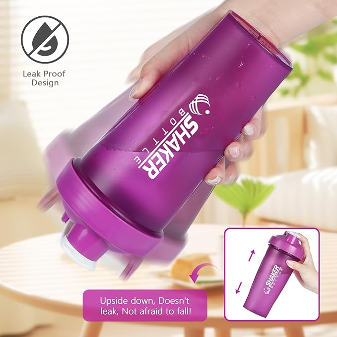Shaker Bottle, 600ml Classical Protein Shaker Cup with Mixing Ball for Smooth blending, Leak-Proof GYM Workout Water Bottles for protein& Smoothie Shake，Bpa Free (20oz / Purple)