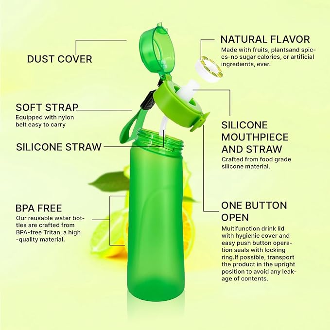 Water Bottle,650 ml scent water bottle with 5 flavor pods,Leak proof and BPA-free sports air water bottle with straw,suitable for outdoor sports,0 sugar,0 calorie,Ideal gift (green)