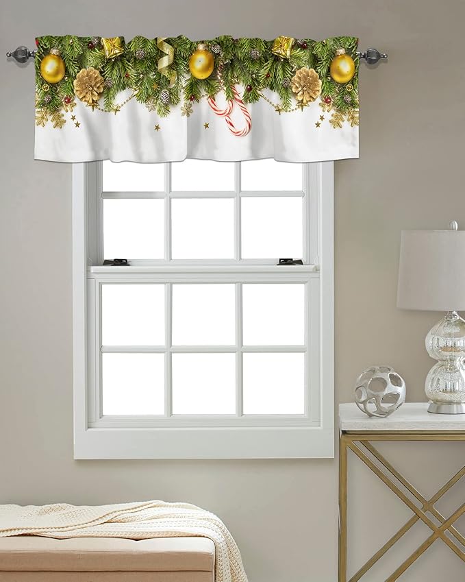 Christmas Kitchen Curtains Valances for Windows Pine Cones Rod Pocket Window Treatment for Kitchen/Living Room/Bedroom/Bathroom,42" X 18" -1 Panel, Golden Ornament Balls