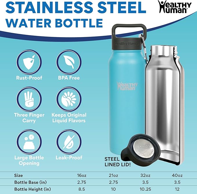 Healthy Human Stainless Steel Water Bottle | Double Walled Vacuum Insulated Water Thermos for Adults | Eco-Friendly Travel Bottles with Leak Proof Lid (Glacier, 32 oz/ 946 ML)