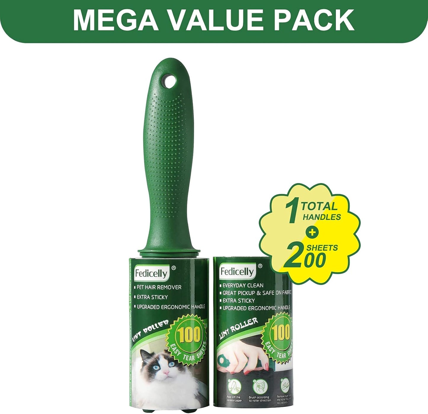 Fedicelly Lint Rollers Pet Hair Extra Sticky Furniture,Cat Dog Hair Remover Laundry Clothes Carpet,Total 200 Sheets Lint Remover Brush for Couch