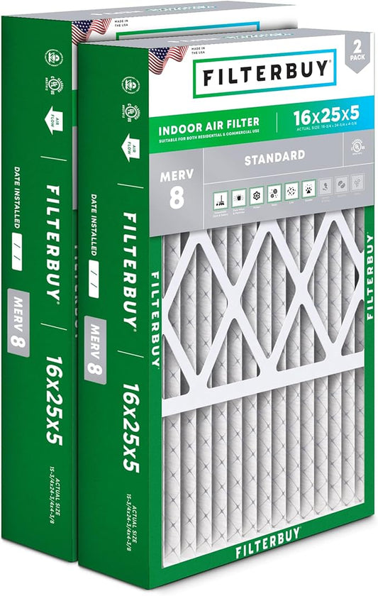 Filterbuy 16x25x5 Air Filter MERV 8 Dust Defense (2-Pack), Pleated HVAC AC Furnace Air Filters for Honeywell FC100A1029, Lennox X6670, Carrier, & More (Actual Size: 15.75 x 24.75 x 4.38 Inches)