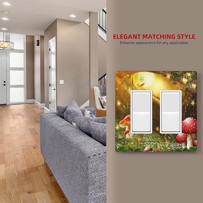 Red Mushroom Forest Fairy Moon Butterfly 2 Gang Rocker Decora Bohemian Light Switch Covers Decorative Dual Outlet Covers Wall Plate Electrical Faceplate Switchplate GFCI for Kidroom Nursery