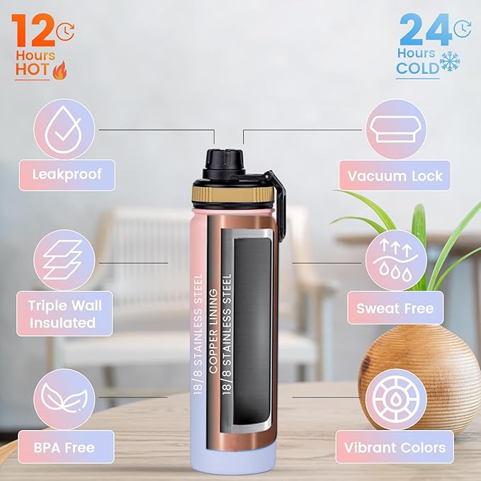 Water Bottle 22oz, Triple Walled Insulated Stainless Steel Reusable Bottle, Silicone Sleeve, Cleaning Brush, 2 Lids (Spout lid & Straw lid w/2 straw), Metal Mug Gallon, BPA Free, Pinky