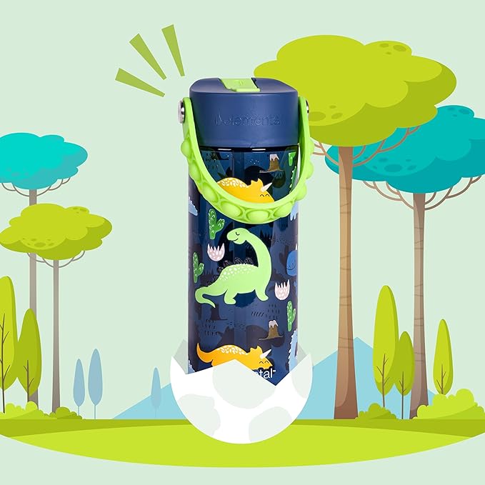 Elemental Leak Proof Water Bottles for Kids - Splash Kids Water Bottle for School with Fun Fidget Pop-it Handle - BPA Free Tritan Plastic Reusable Water Bottle with Straw - Dinosaur - 18oz