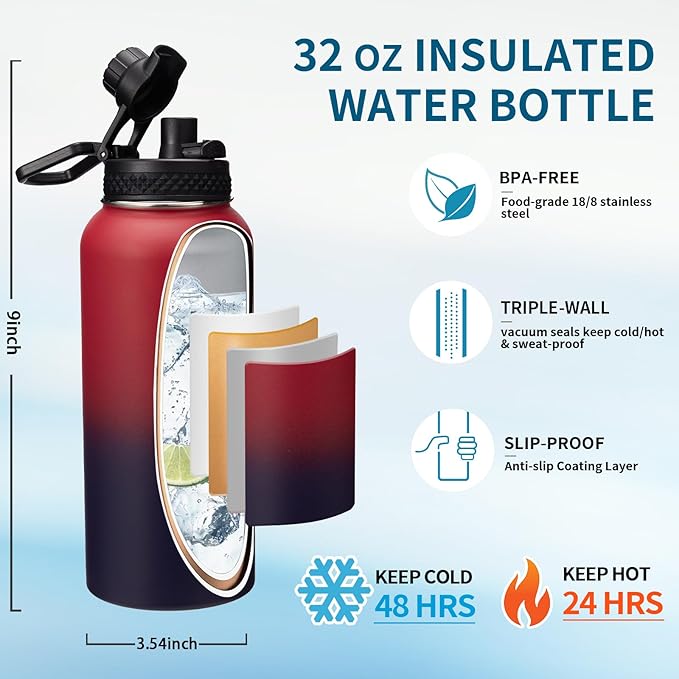 Insulated Water Bottle 32 oz - Straw & Chug Lid, Paracord Handle, Metal Water Bottles Holder with Strap, Water Bottle Boot, Triple Wall Vacuum Flask Thermo Flask with Straw Keep Cold 48H Hot 24H