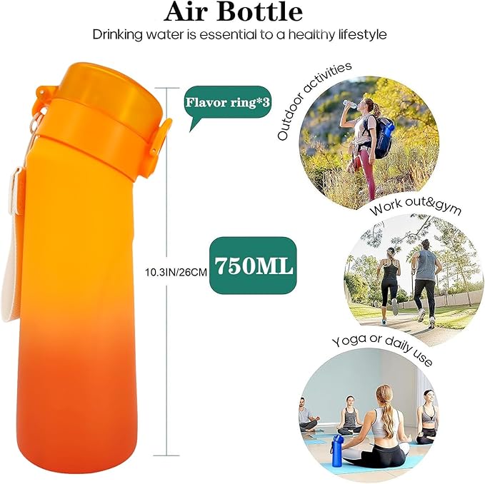 Air Water Bottle,750ML Scent Water Cup with 3 Flavour Pods,Leak Proof Sports Water Cup with Straw Suitable for Outdoor Sports,Gifts From Friends, Birthday Gifts (Gradient Orange + 3pods)
