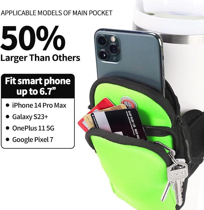 Purse Compatible with Stanley 40 oz and 30 oz Tumbler,Water Proof Purse Cup Holder with Adjustable Strap for Stanley Accessories, Multiple Pockets for Keys,Phone,Card,Fluorescent Green