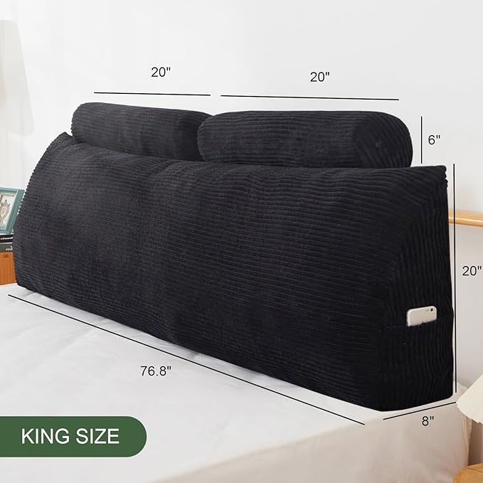 HIGOGOGO Wedge Headboard Pillow, Bed Rest Reading Pillow, Backrest Positioning Support Bolster Cushion with Removable Cover,King Size 76.8X20.4X8.4,Black