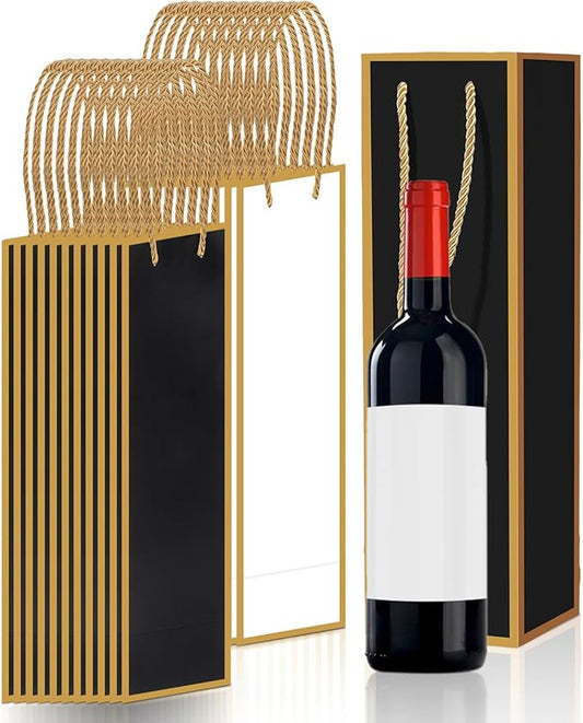 Megitzuu 12 Pack Wine Bottle Gift Bags - Wine Bags with Gold Foil Design, Reusable Bottle Totes for Fathers Day, 13.8"x4"x4" Kraft Paper Wine Bag with Handles for Birthday Party Wedding Bridal Shower