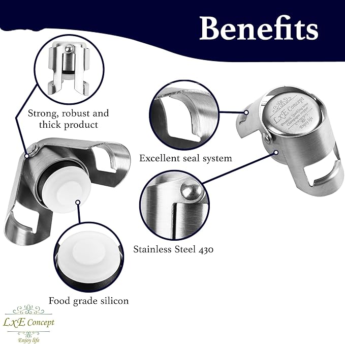 Champagne Stoppers for Sparkling Bottle Sealing - Saver Accessories Toppers for Wine Napa Moet Bottega - Dual-sided Stainless Steel Cover Bottles, Champagne corks for sparkling wine Silver Gray 6 pack